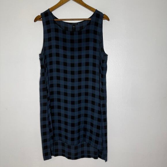Eileen Fisher 100% Silk Sleeveless Tunic Top L Black Blue Check Plaid Minimalist - Picture 1 of 7